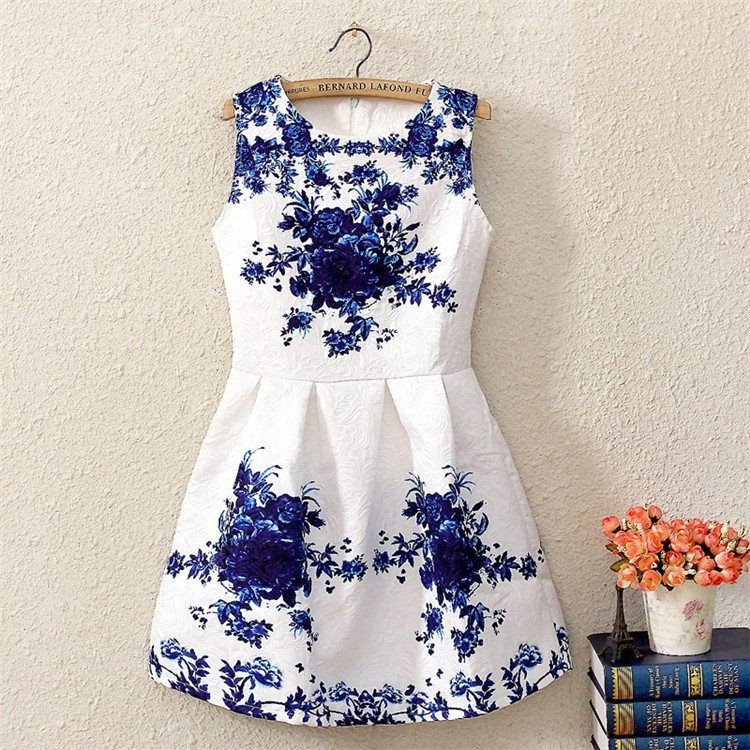 Sleeveless White Porcelain Floral Print Flare Dress