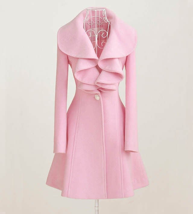 Slim Turn-down Ruffles Collar Wool Coats Pink
