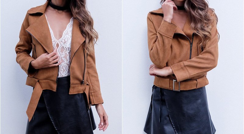 Suede Zipper Leather Belted Short Jacket
