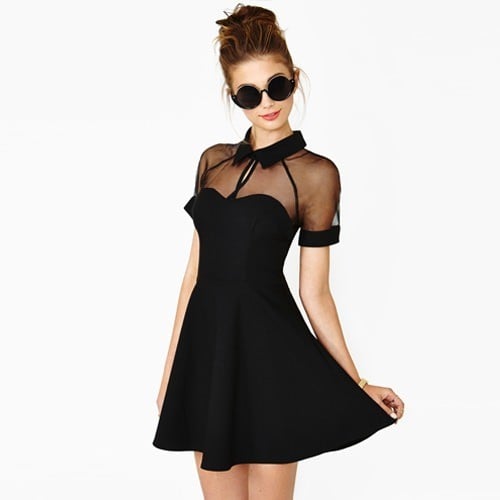 Turn-down Collar Grenadine Chiffon Patchwork Short Sleeve Hollow Out Black Mini Casual
