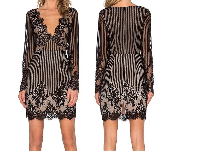 Black Long Sleeve Low V Neck Dress