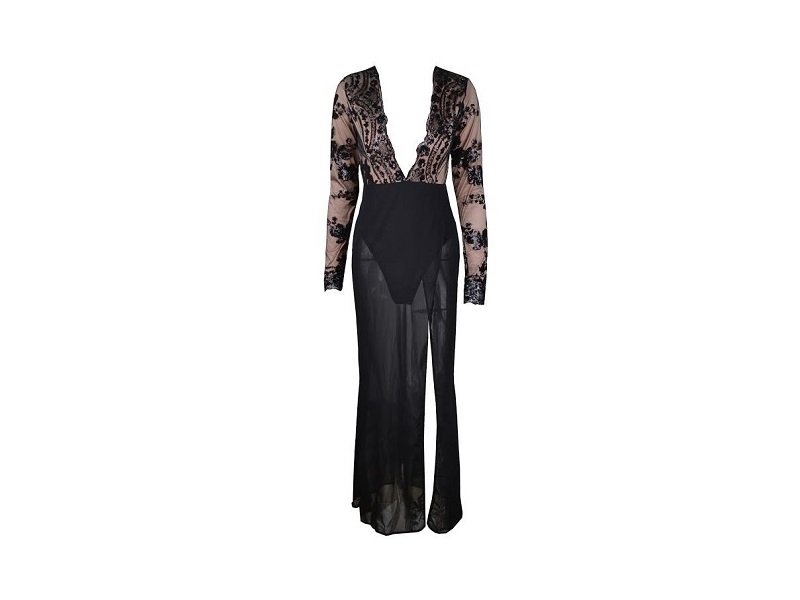 Black Sequined Nippon Flower Maxi Dress