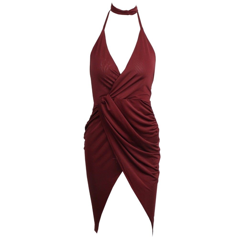 Burgendy V-Neck Cross Changeable Backless Wrap Drape Dress