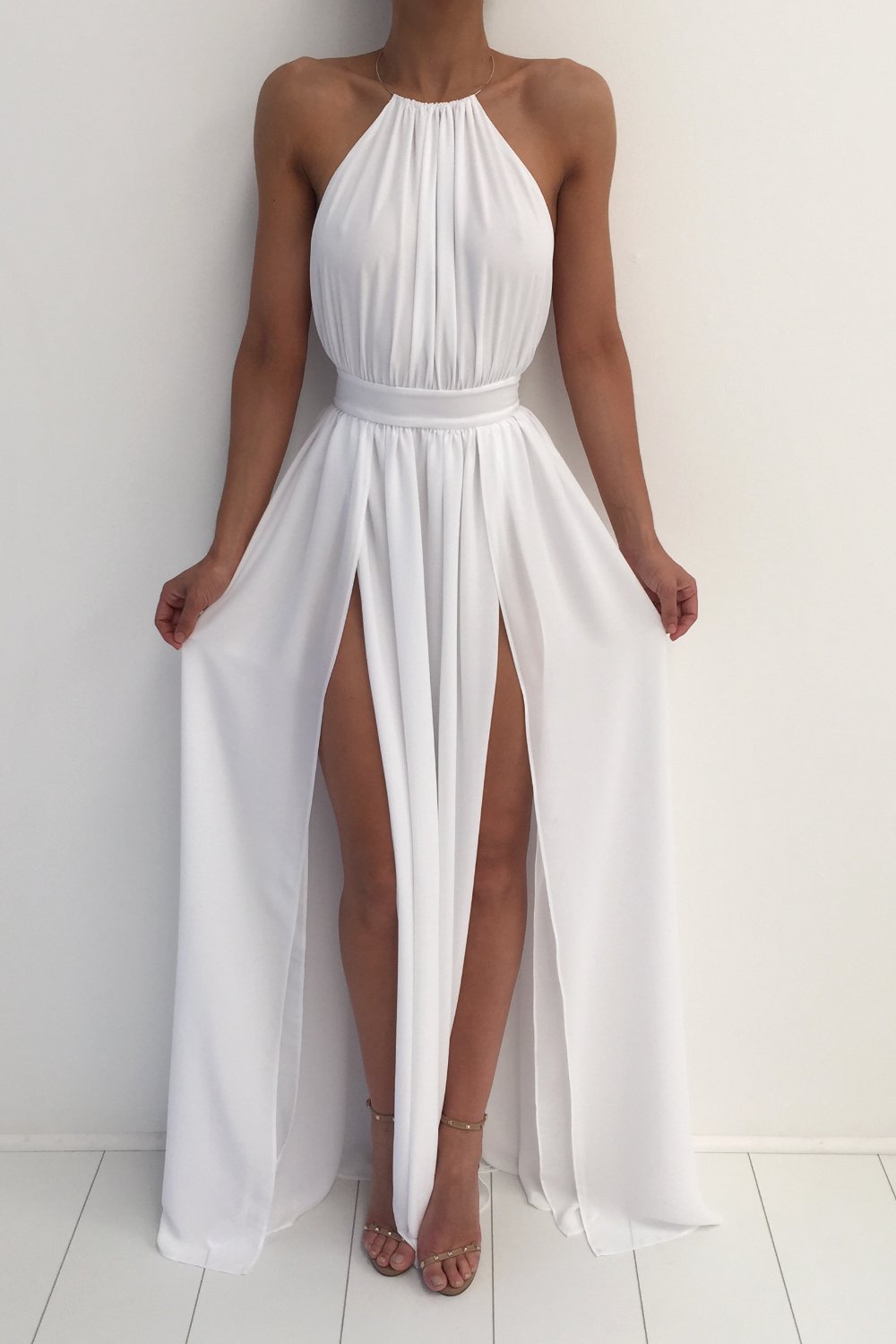 White Maxi Front Split Metal Neck Hoop Gown Dress