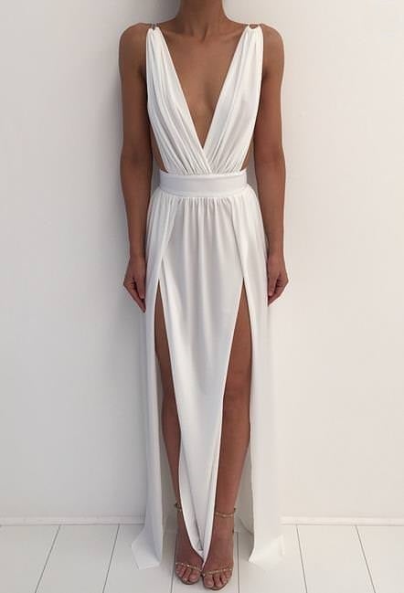 White Maxi Slit Elegant V Neck Backless Dress