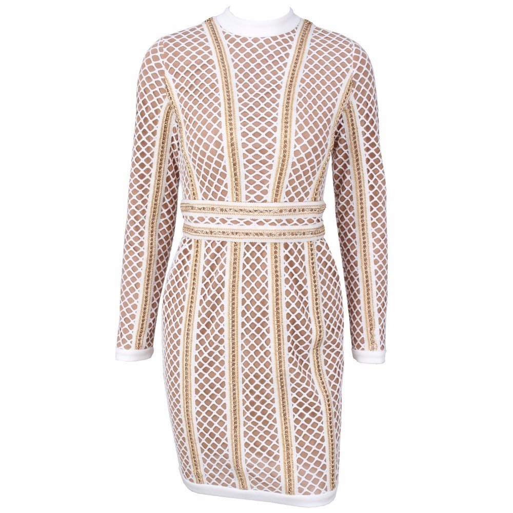 White Mesh And Metal Chain Stitching Bodycon Dress