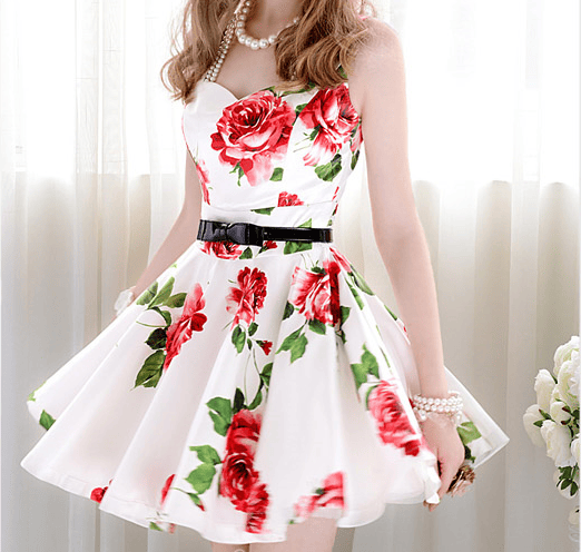 White and red flower slim waist expansion bottom sleeveless
