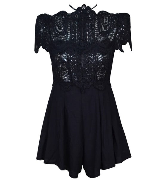 Black Lace Playsuit With Cap Sleeve And high Neck