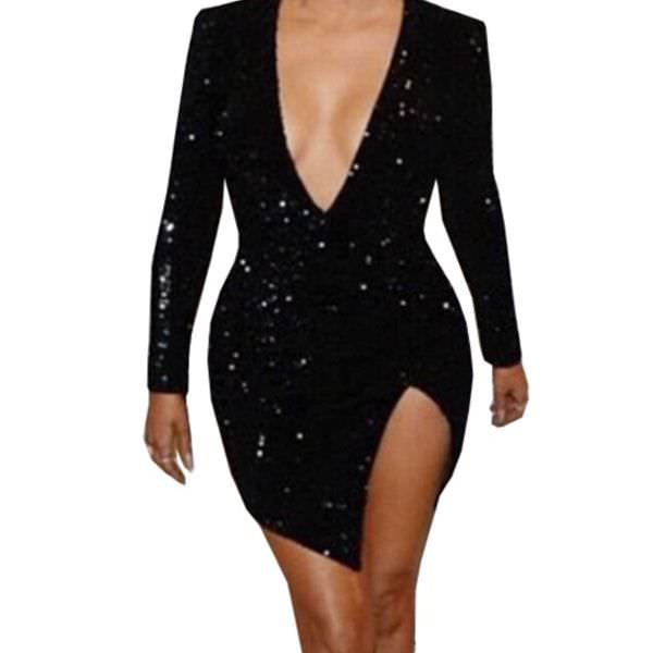 Black Sequined V-Neck Dress Slits
