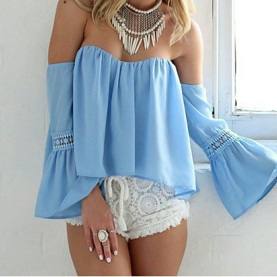 Blue Off the Shoulder Hollow Chiffon Blouse Frill Summer