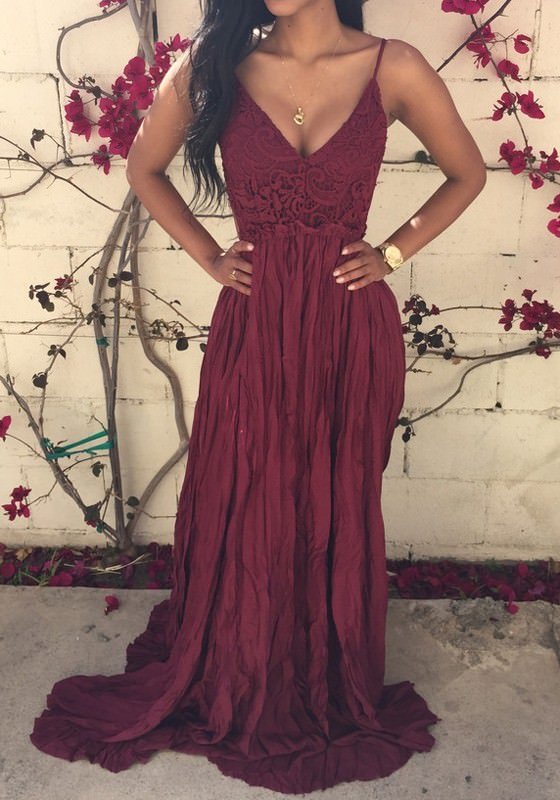 Burgundy Lace Spliced Open Back Maxi Dress