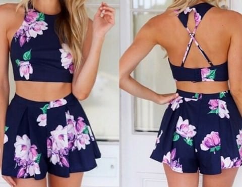 Blue Flower Print 2 Piec Palysuit