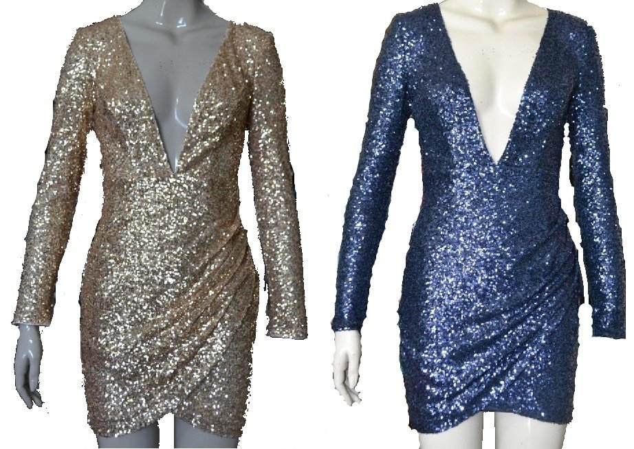 sequined V-neck long-sleeved dress irregular BODYCON