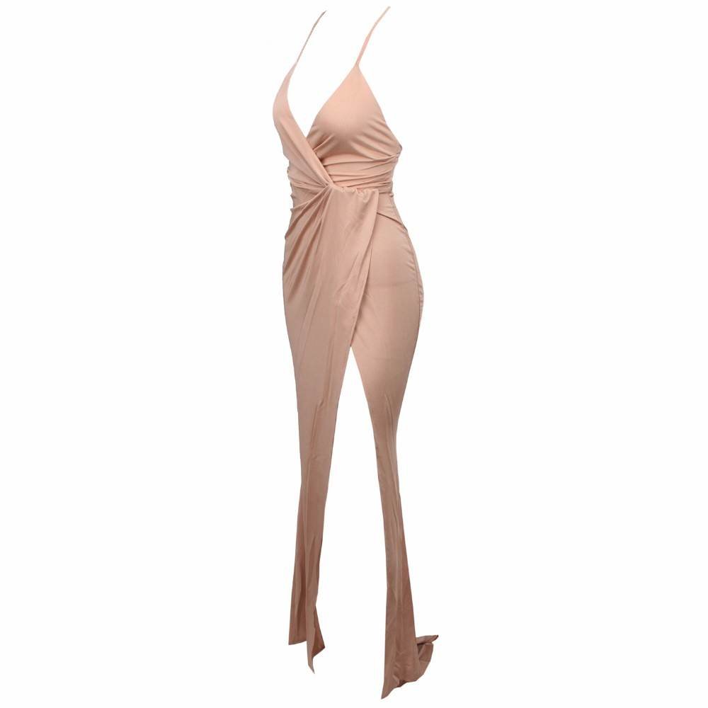 Nude Maxi Slit Elegant Wrap Drape Fishtail Dress