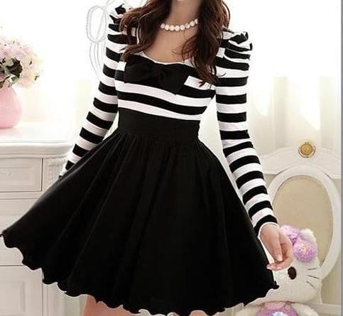 White black stripe long sleeve bow dress