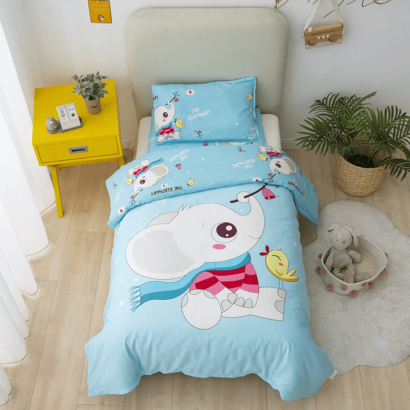 Elephant Blue White Bedding set 3-Piece Organic Cotton Fits Crib and Toddler Bedding Set
