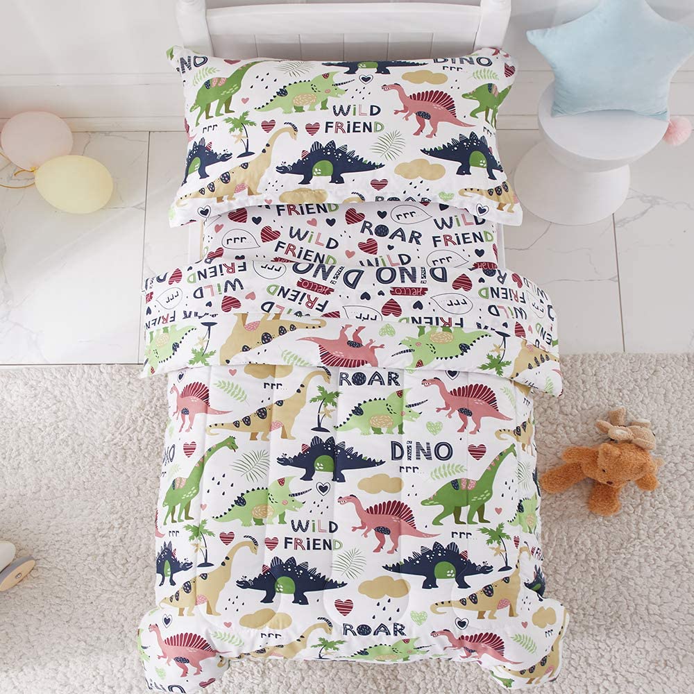White Bedding Set Colorful Dinosaur Printed