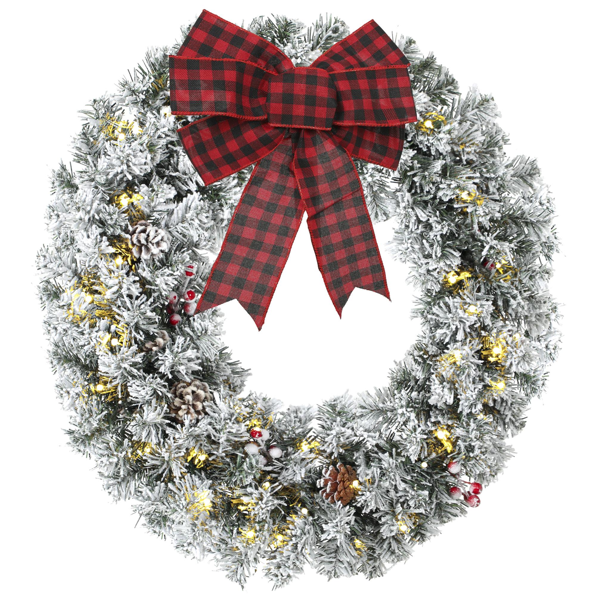 24 Inch Flocked Christmas Wreath with LED Lights