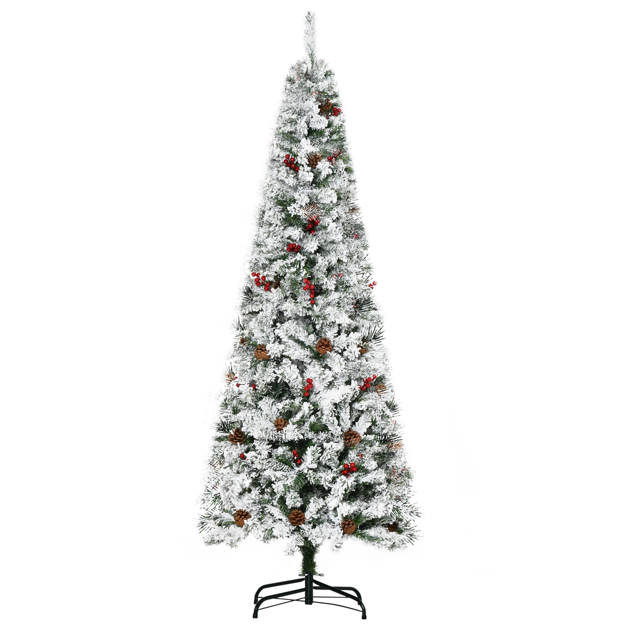 6 ft green flocked tree with pine cones and red berries