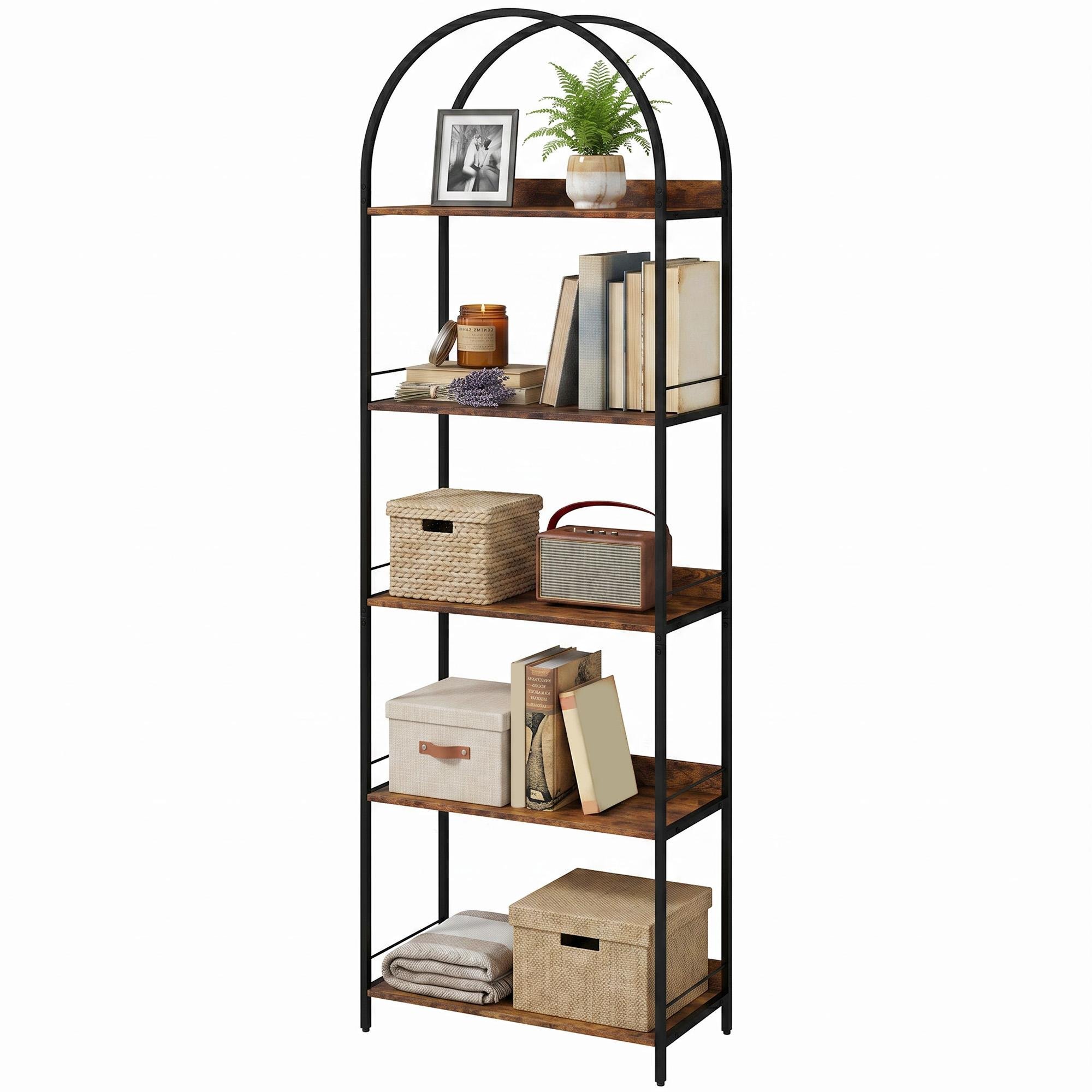 73.2 inch arched bookcase with five tiers for compact spaces