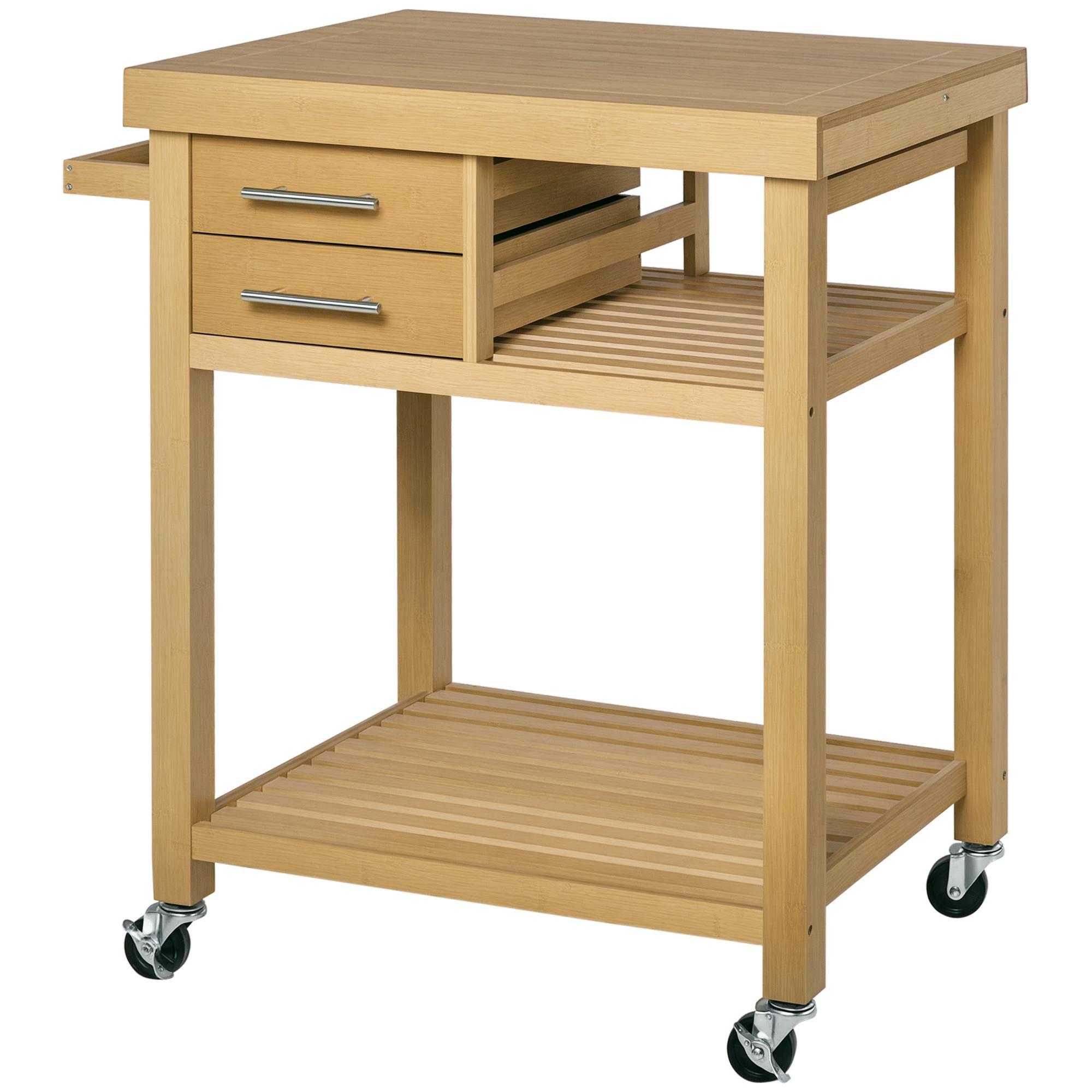 Bamboo Rolling Kitchen Cart with Drawers and Shelves