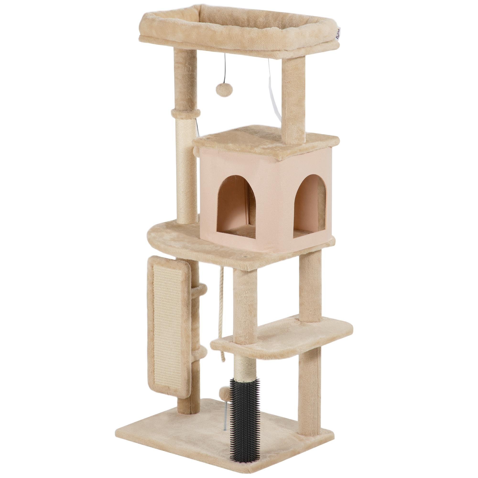 52 Inch Beige Cat Tree with Plush Bed and Condo