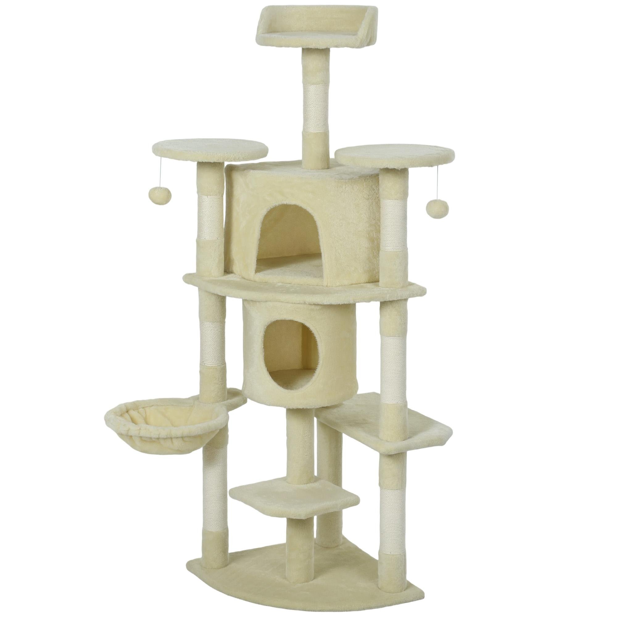 61.8 inch beige cat tree with two condos for indoor cats