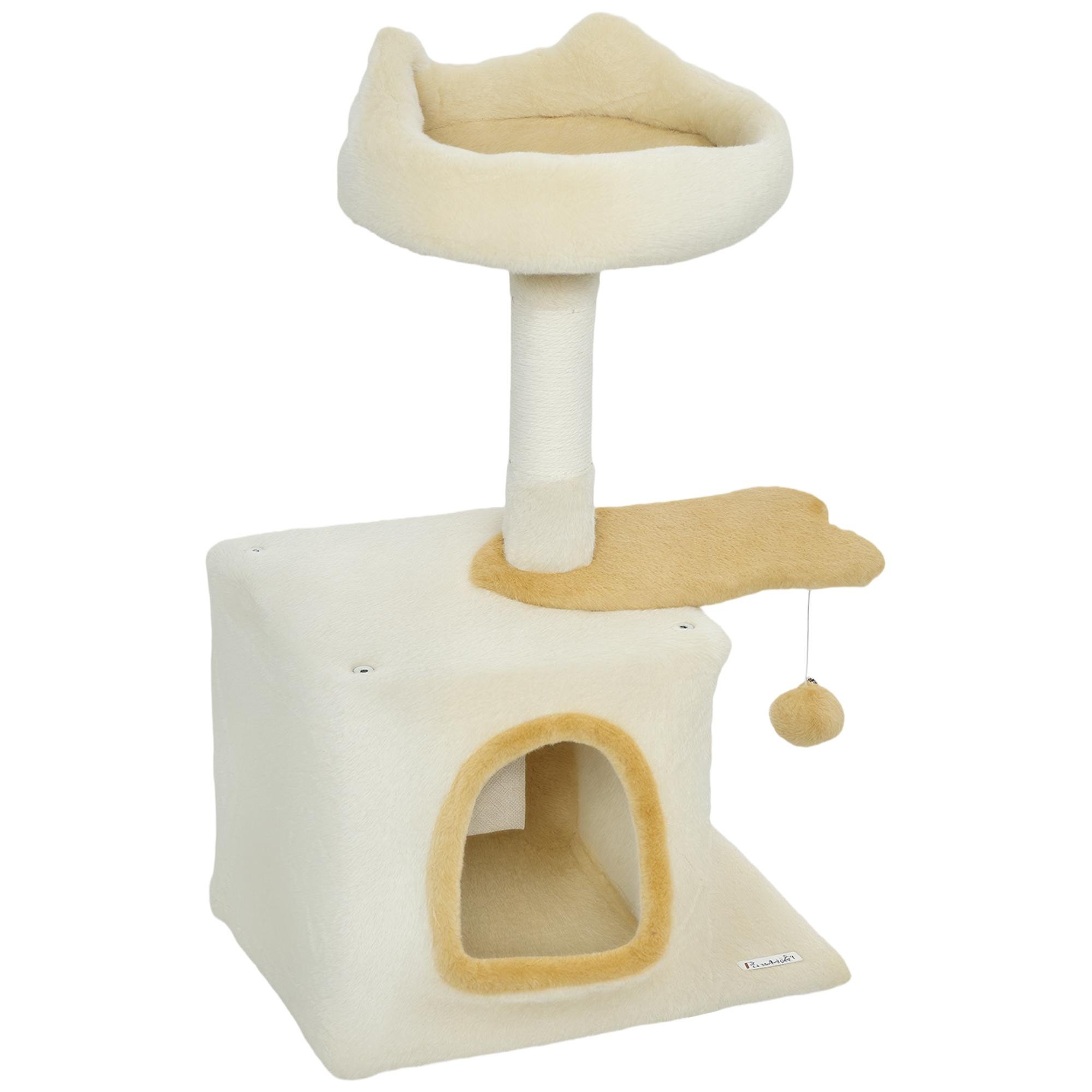 Beige Yellow Cat Tree with Plush Bed, Condo and Sisal Post