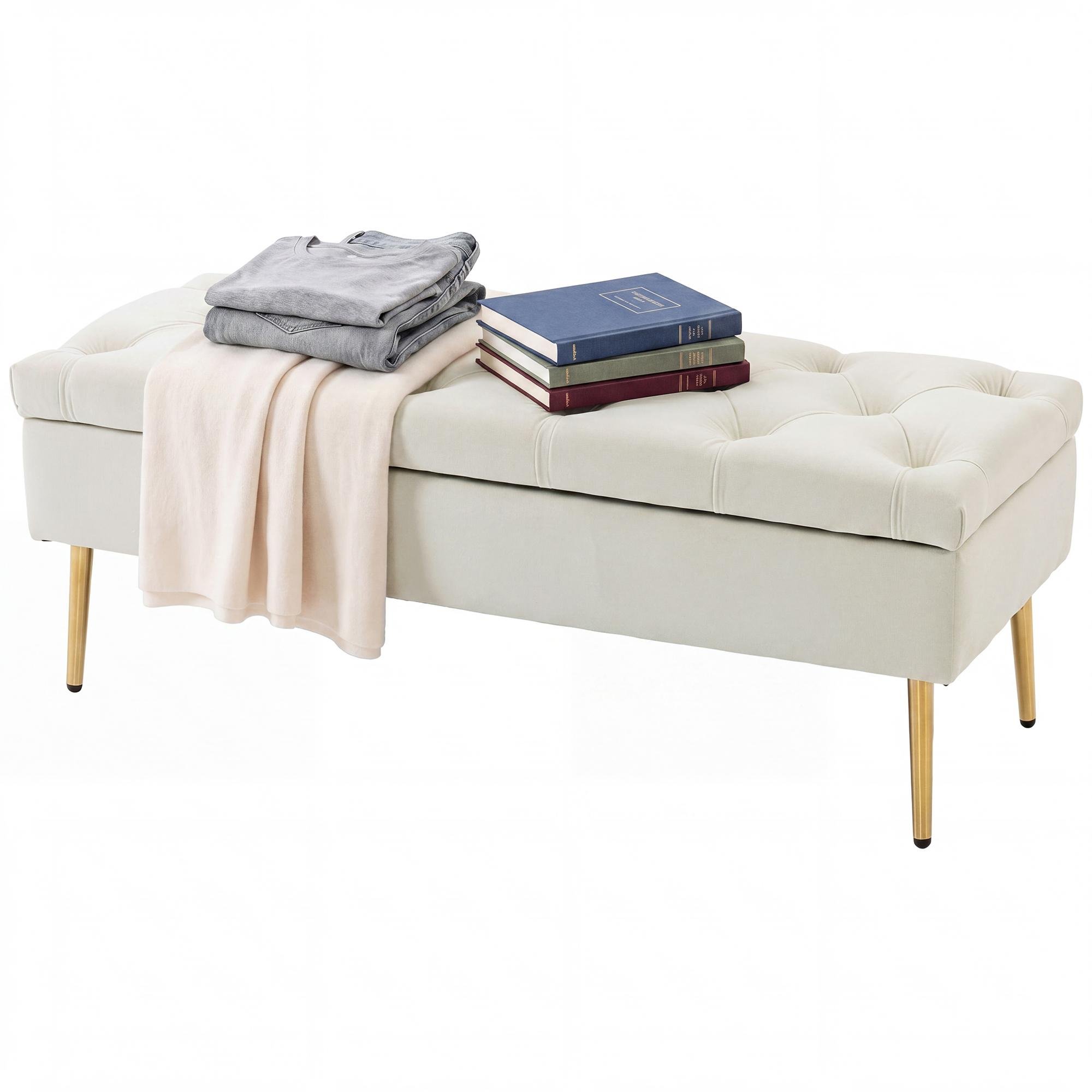 Beige Velvet Ottoman Bench with Tufted Seat, 45.7"