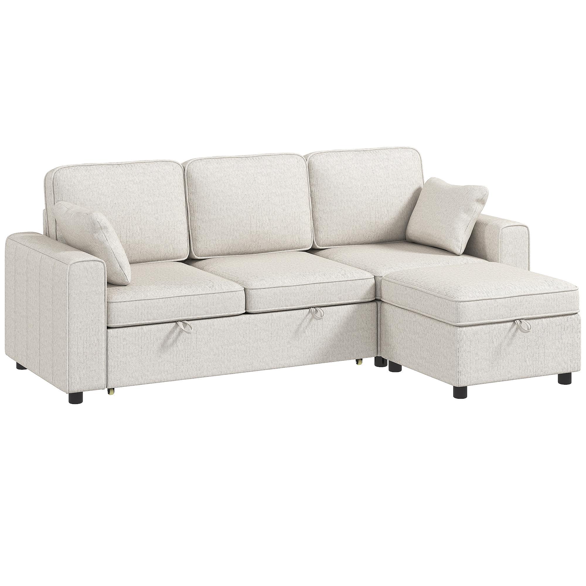 Beige Chenille Sectional Sleeper with Reversible Ottoman