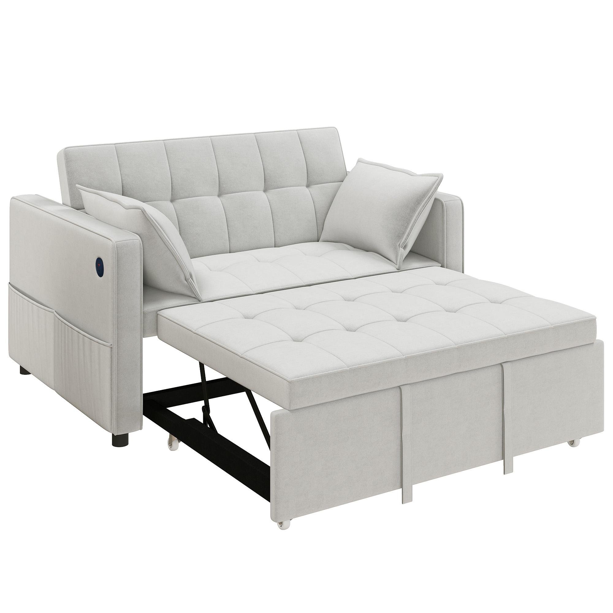 Beige Velvet Sofa Bed with USB Charging, Double Bed