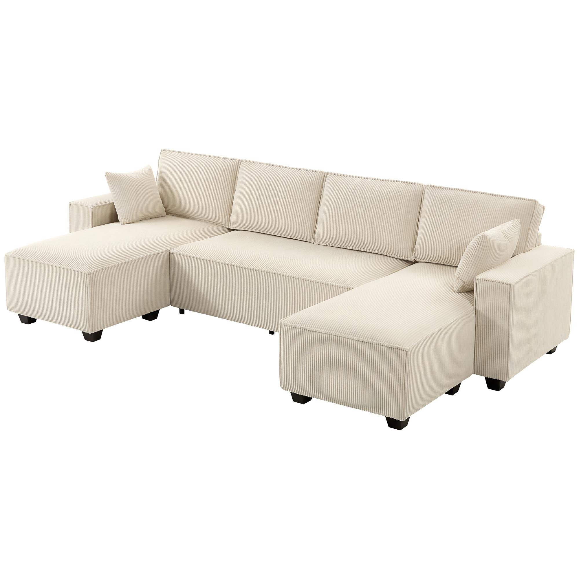 Beige Corduroy Four Seater U-Shaped Sofa with Double Chaises