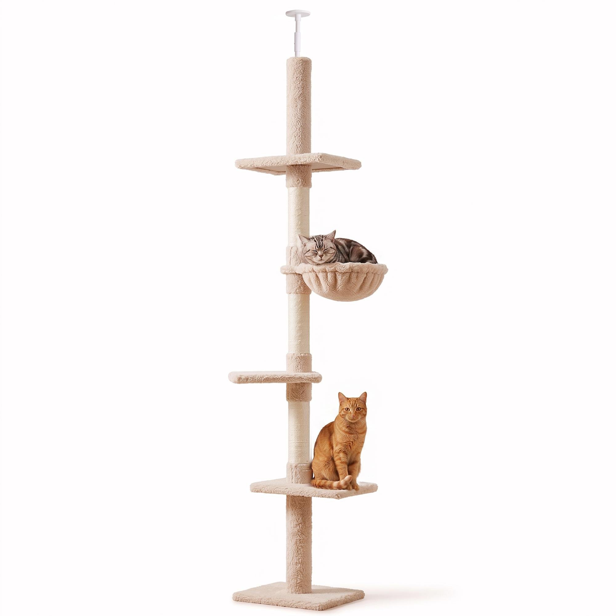 Beige Five Tier Cat Tree with Adjustable Floor-to-Ceiling Height