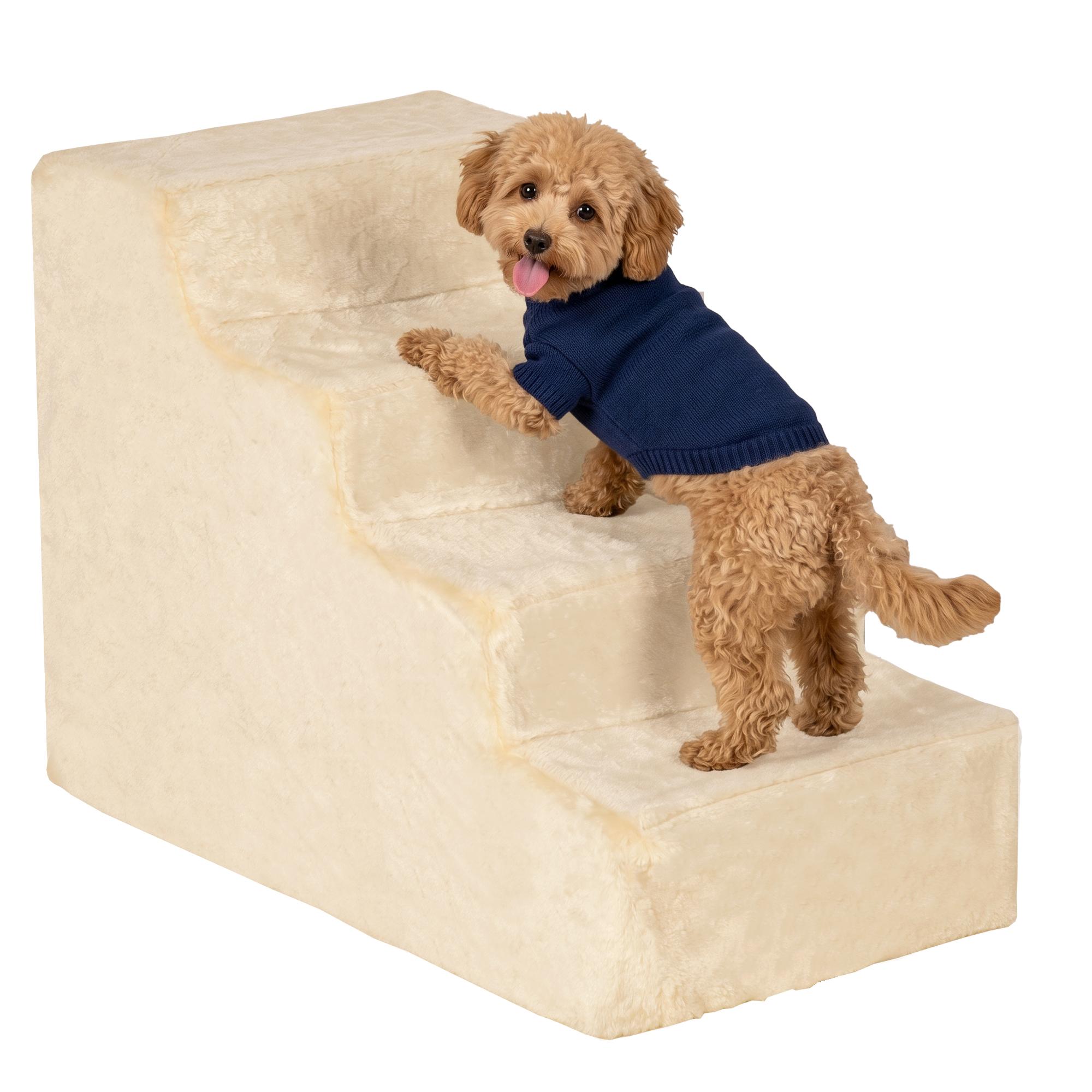 Beige Plush Pet Stairs with Removable Cover for Sofa and Bed