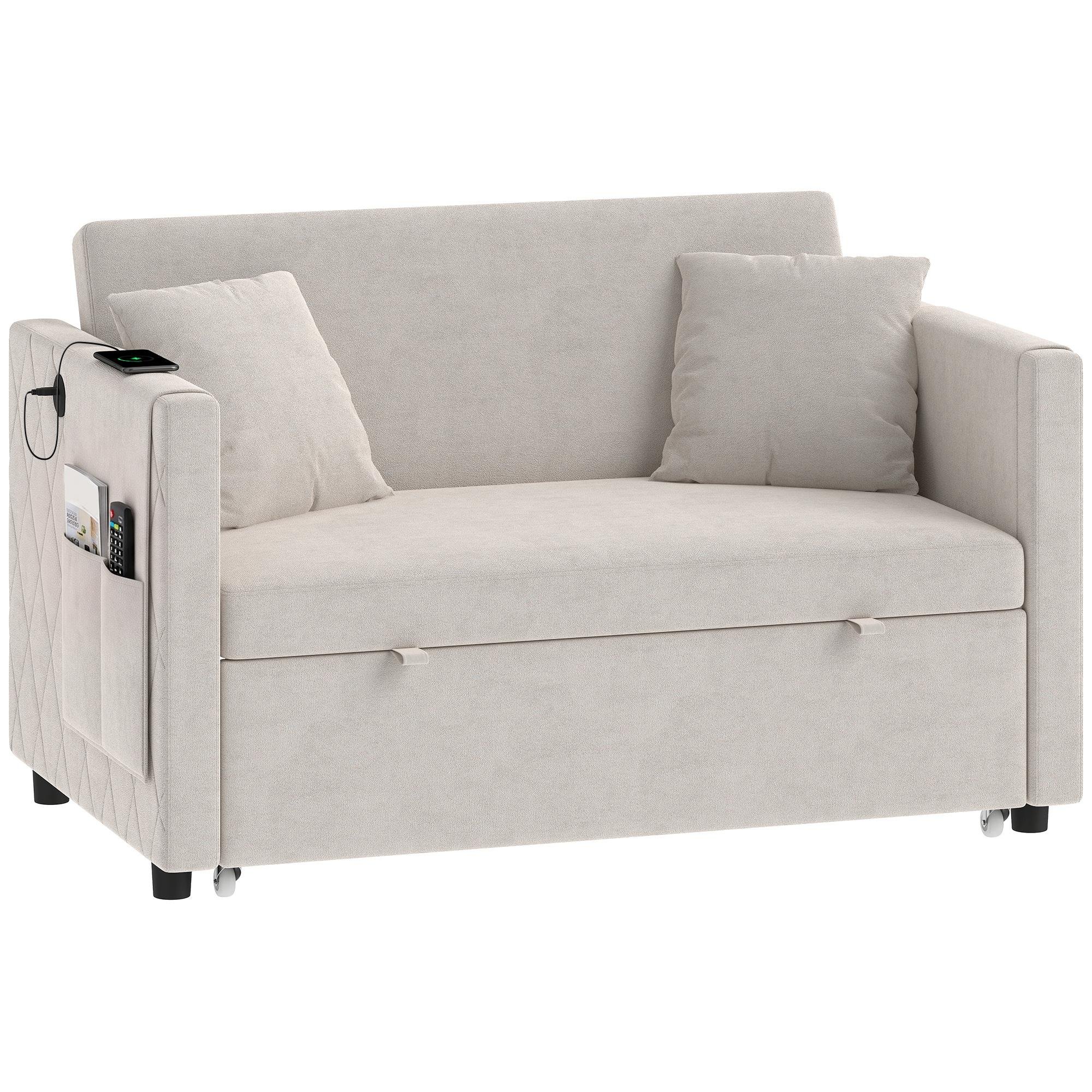 Beige Holland Velvet Sofa Bed with USB Ports, 51.6 in