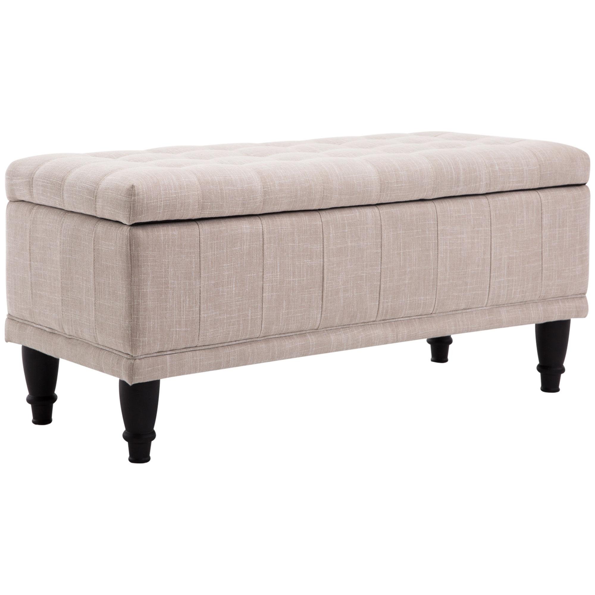 Beige Linen Storage Ottoman with Soft-Close Lid, 42 in.