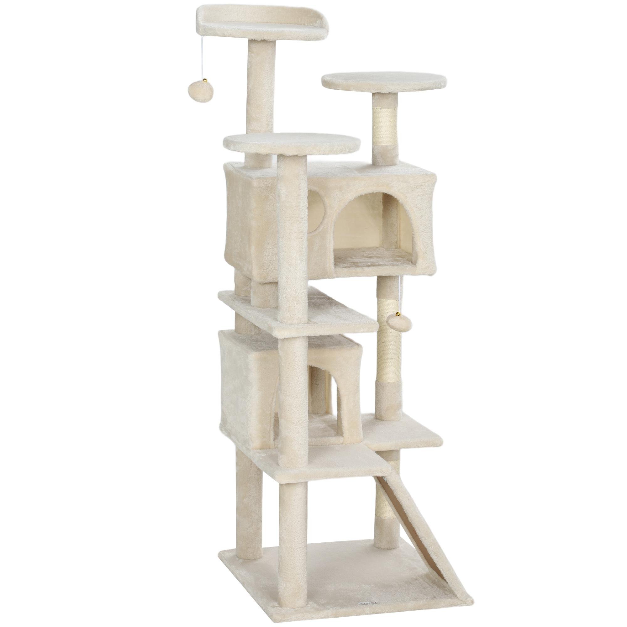 54.3 inch beige cat tower with scratching posts