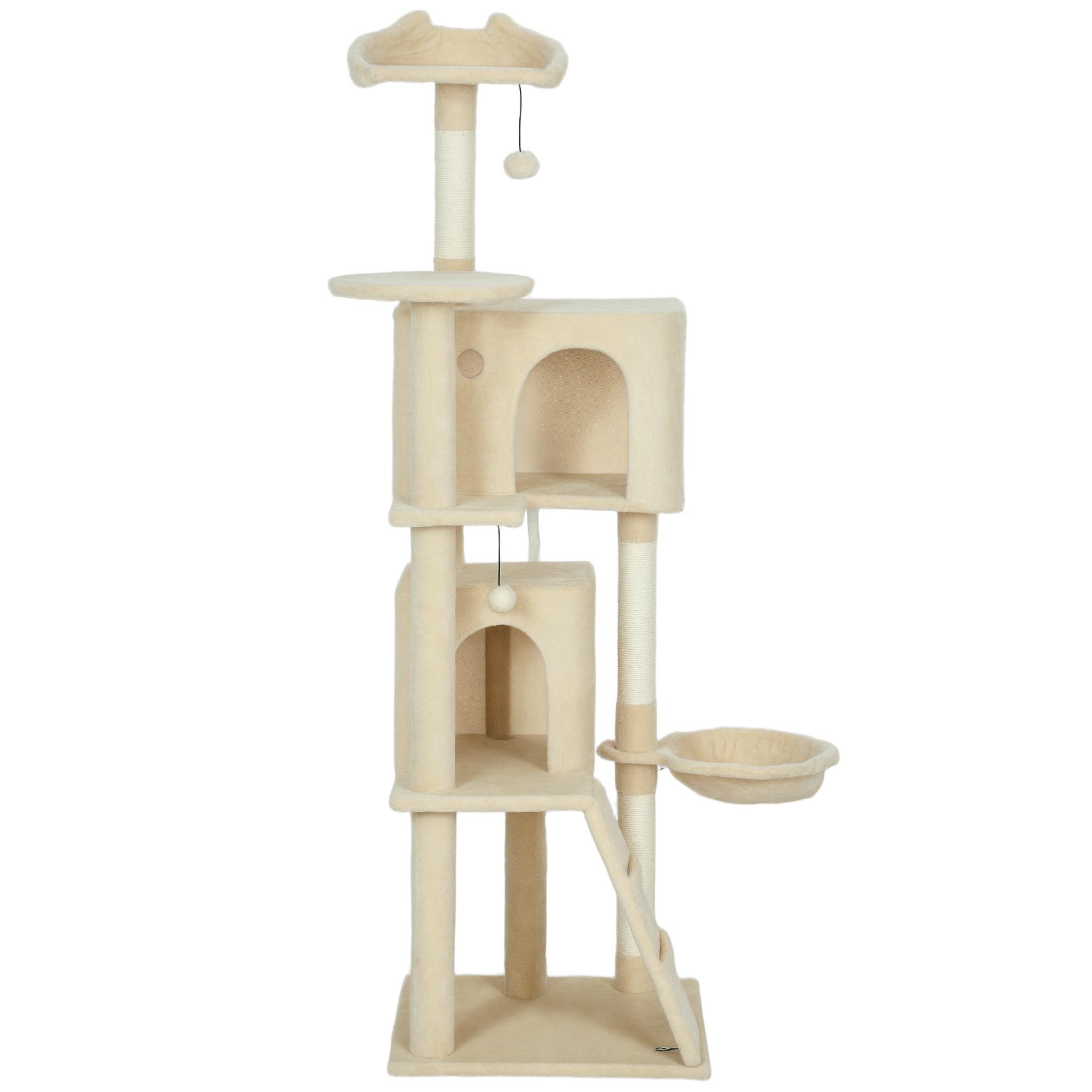 Beige Multi Level Cat Tree with Condos, Hammock and 63-Inch Height