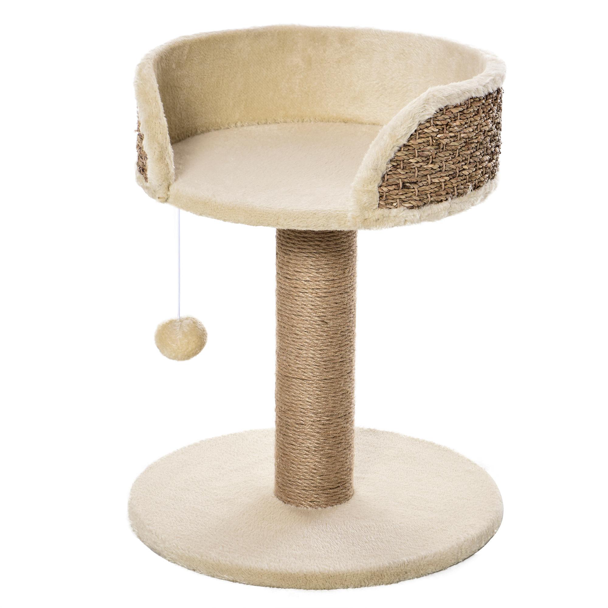 beige small cat tree with jute scratching post