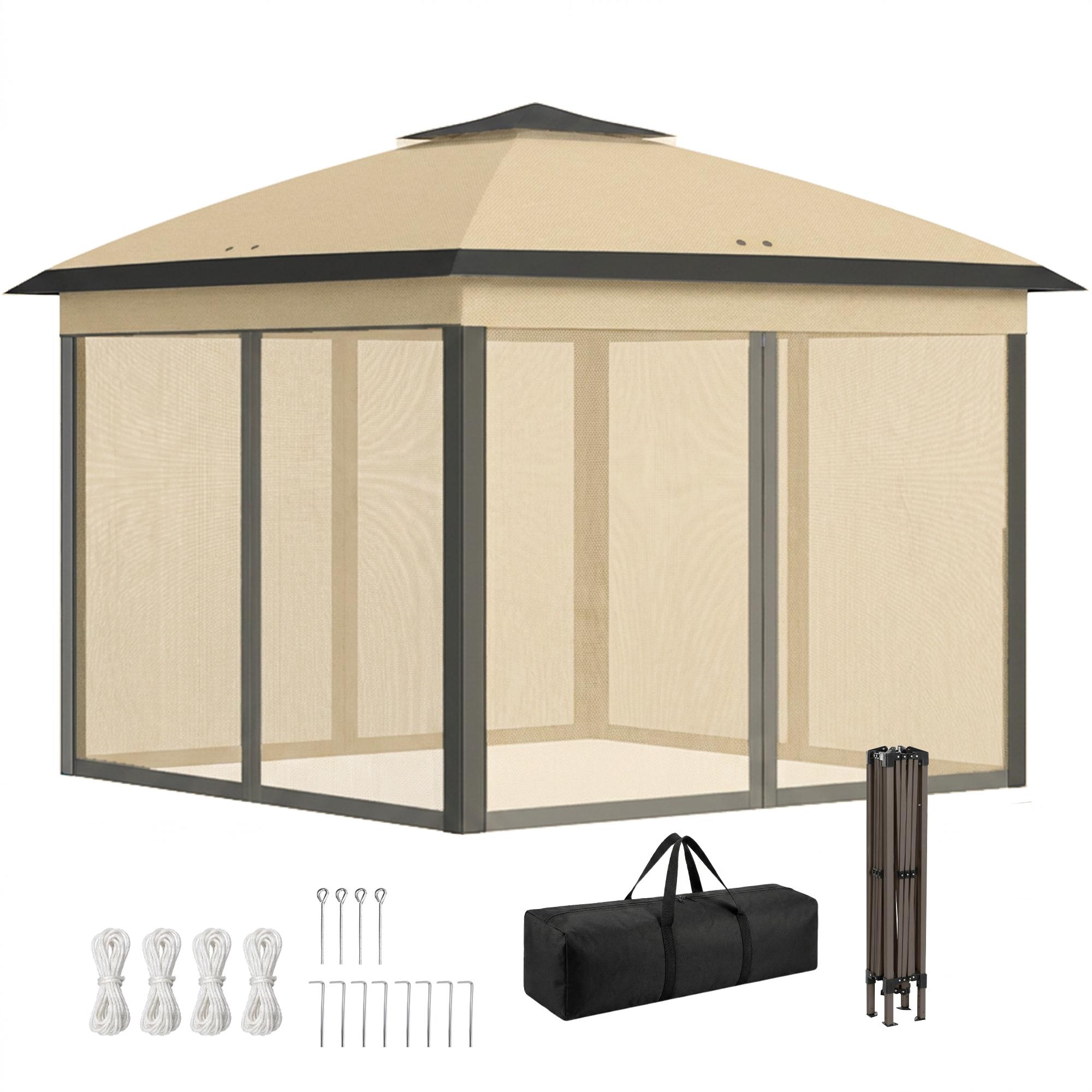 Beige Double Roof Gazebo with Mesh Sidewalls, 11' x 11'