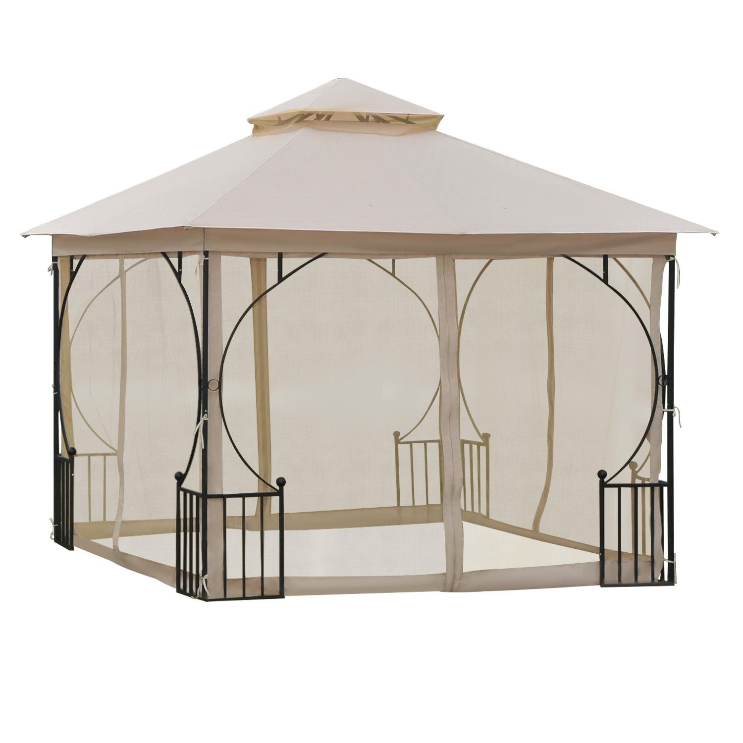 Beige Steel Screened Gazebo with Double-Tier Roof