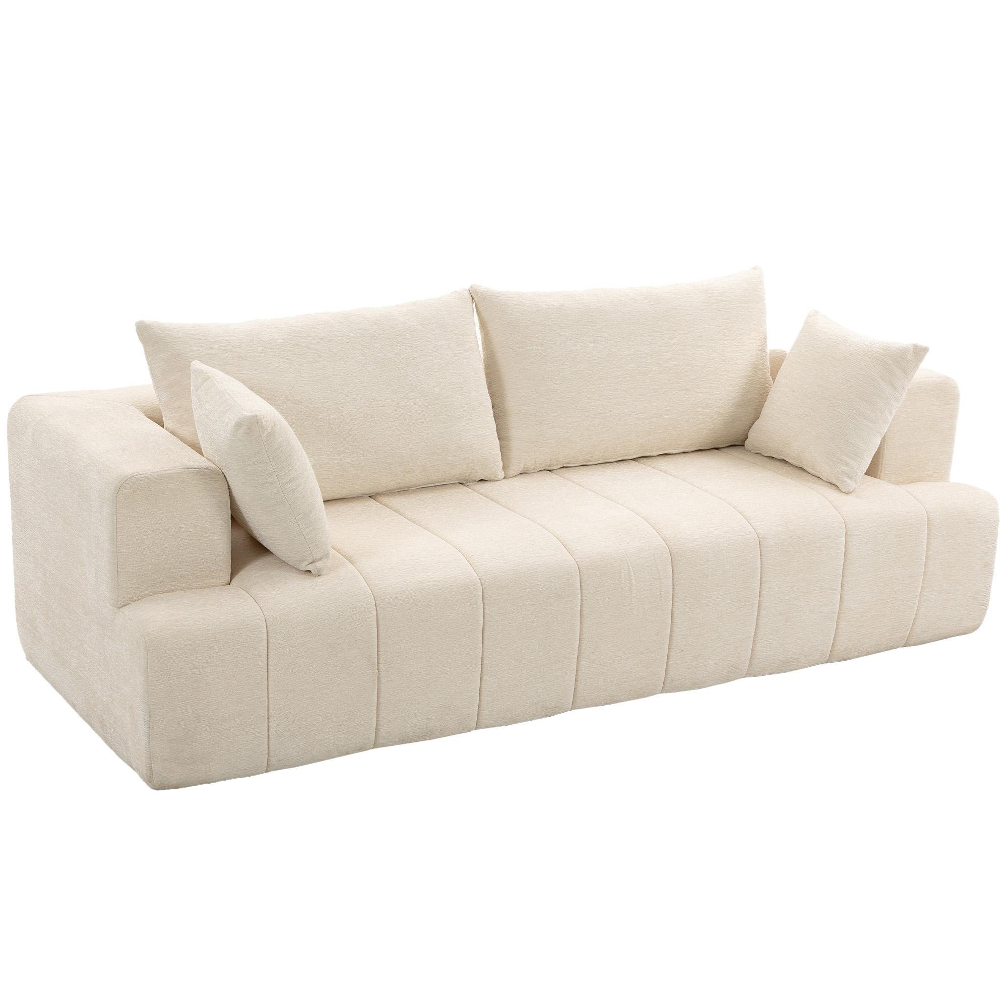 Beige Boneless Spring Sofa with Deep Seat, 3-Seater