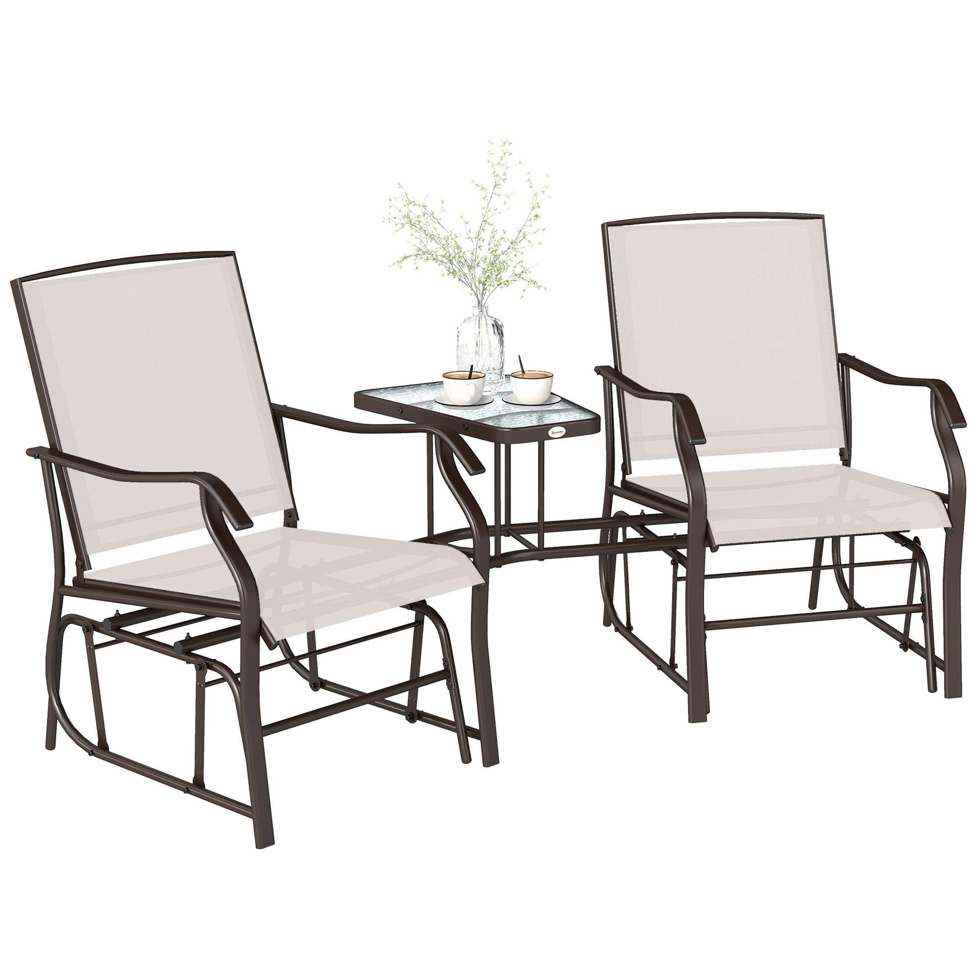 Beige Steel Glider Loveseat with Glass Table