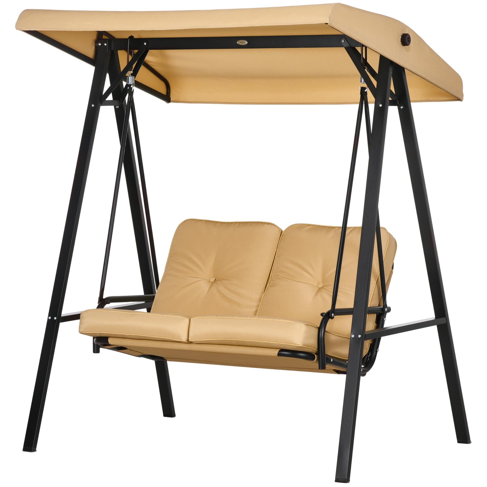 Beige Two-Seat Patio Swing with Adjustable Canopy