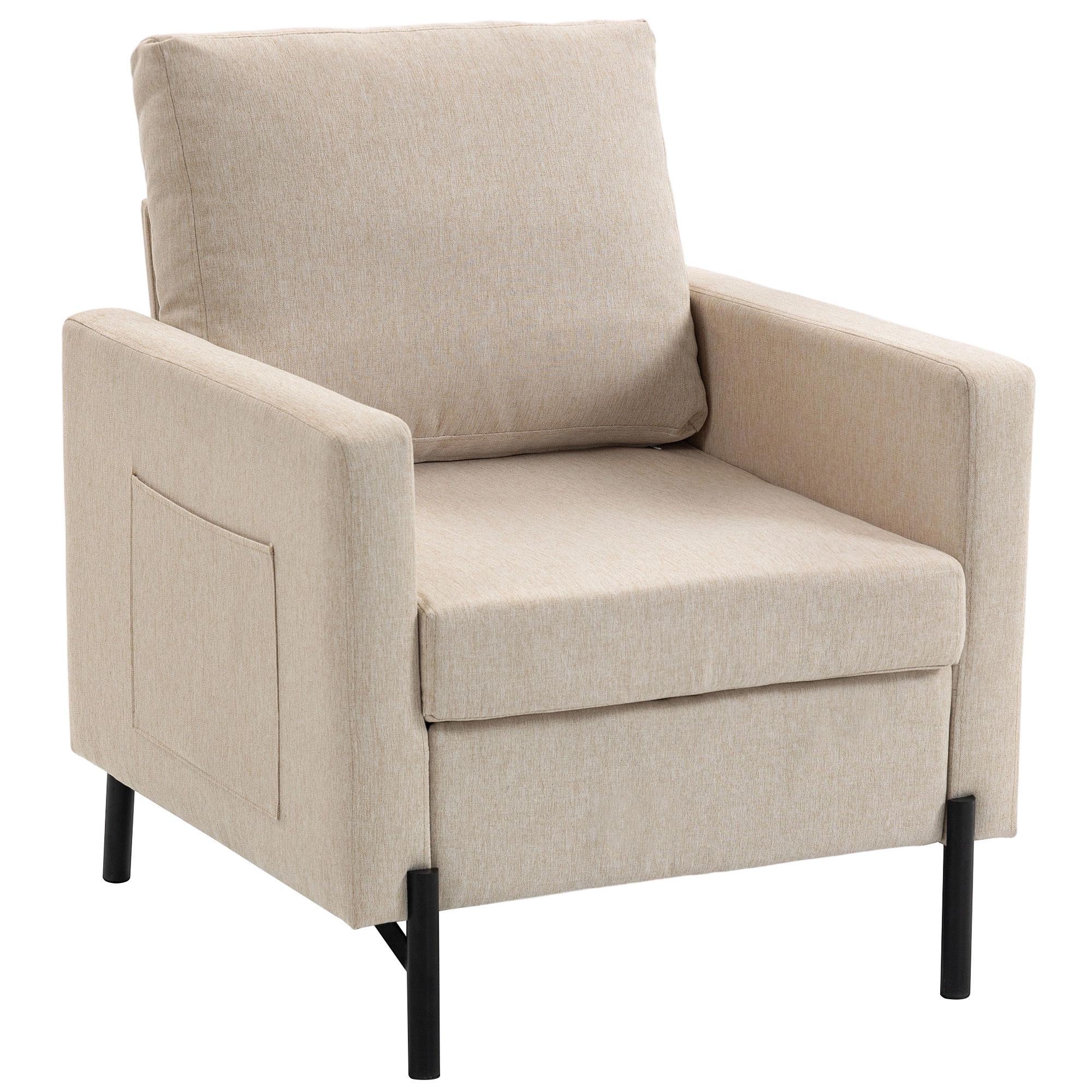 Beige Linen-Look Accent Chair with Side Pockets