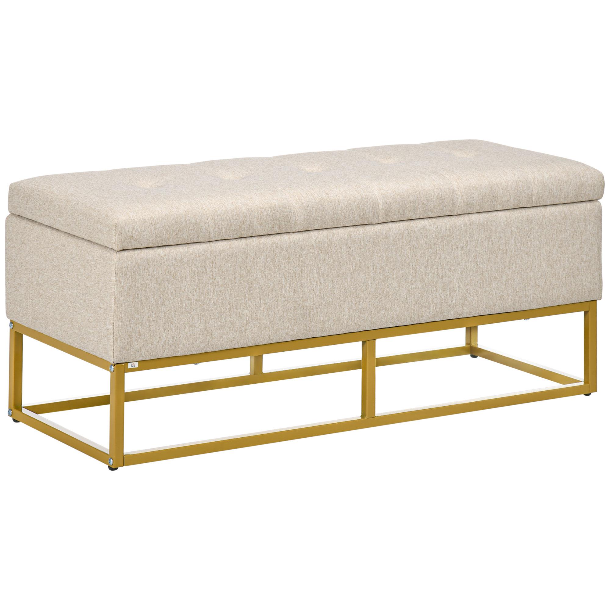 Beige Linen Touch Storage Bench with Hidden Storage