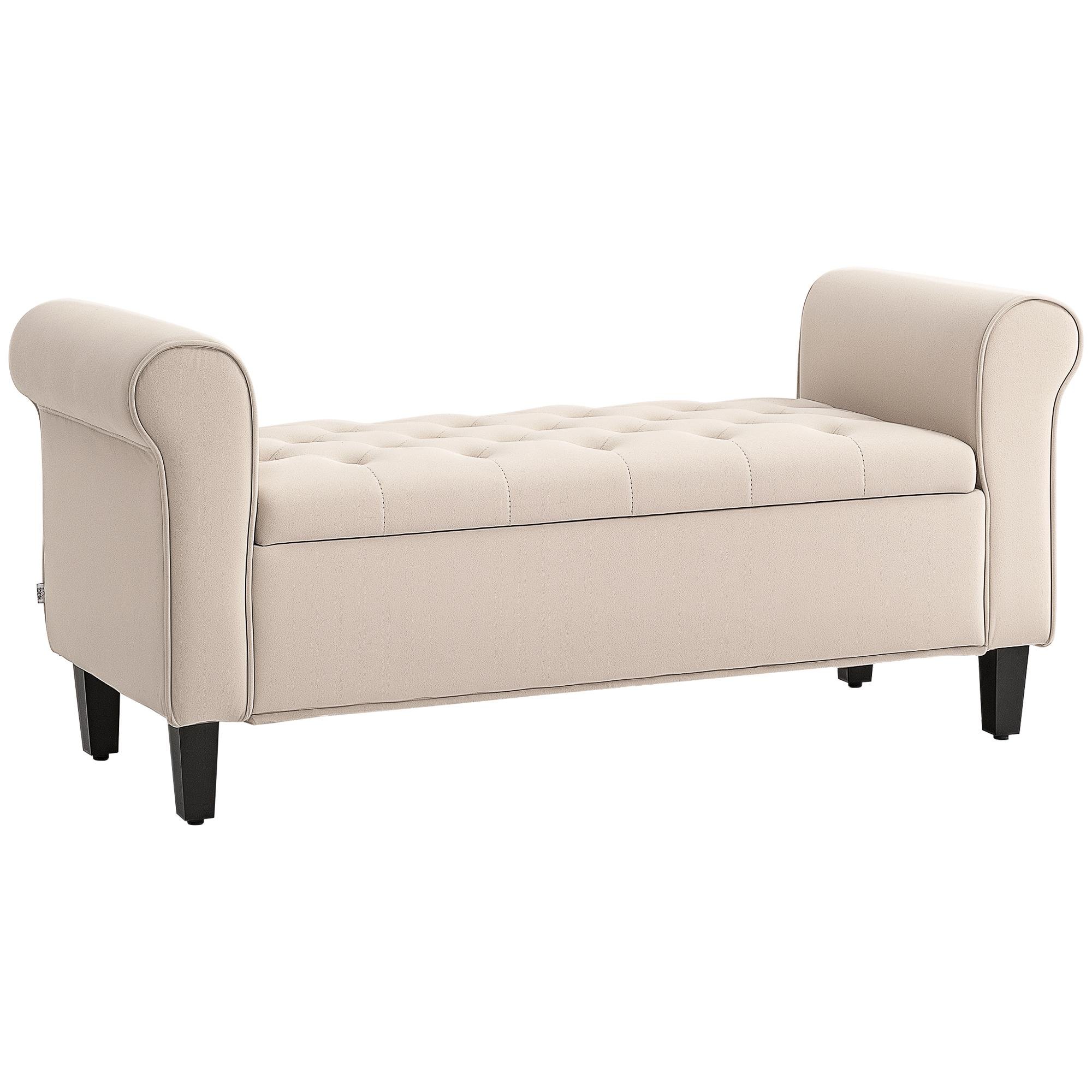 Beige Rolled Arm Ottoman with Hidden Storage