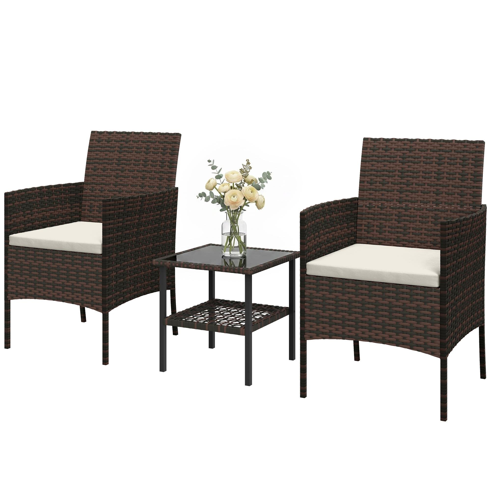 Beige Wicker Bistro Set with 2-Tier Glass Table