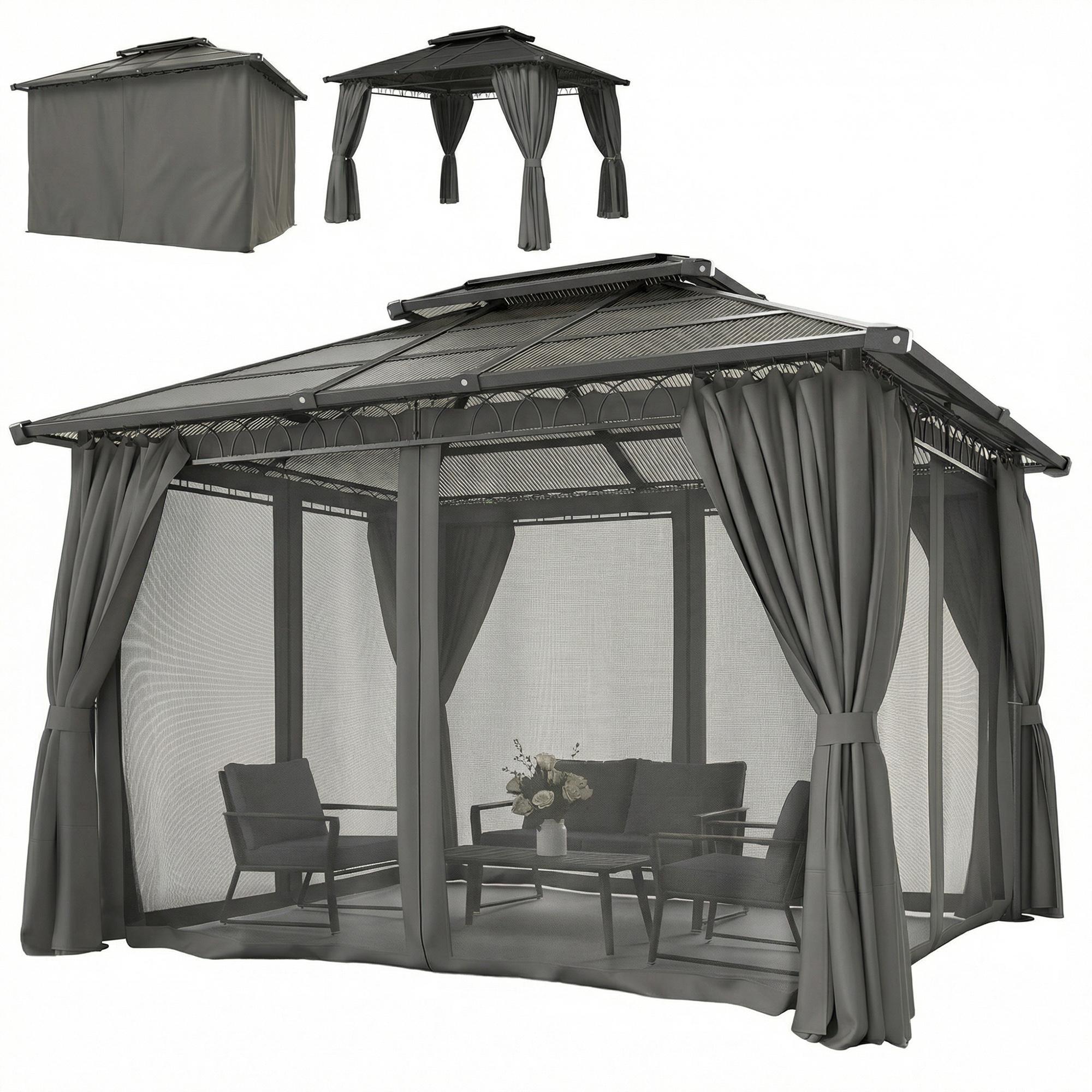 Black 10x12 Polycarbonate Gazebo with Curtains