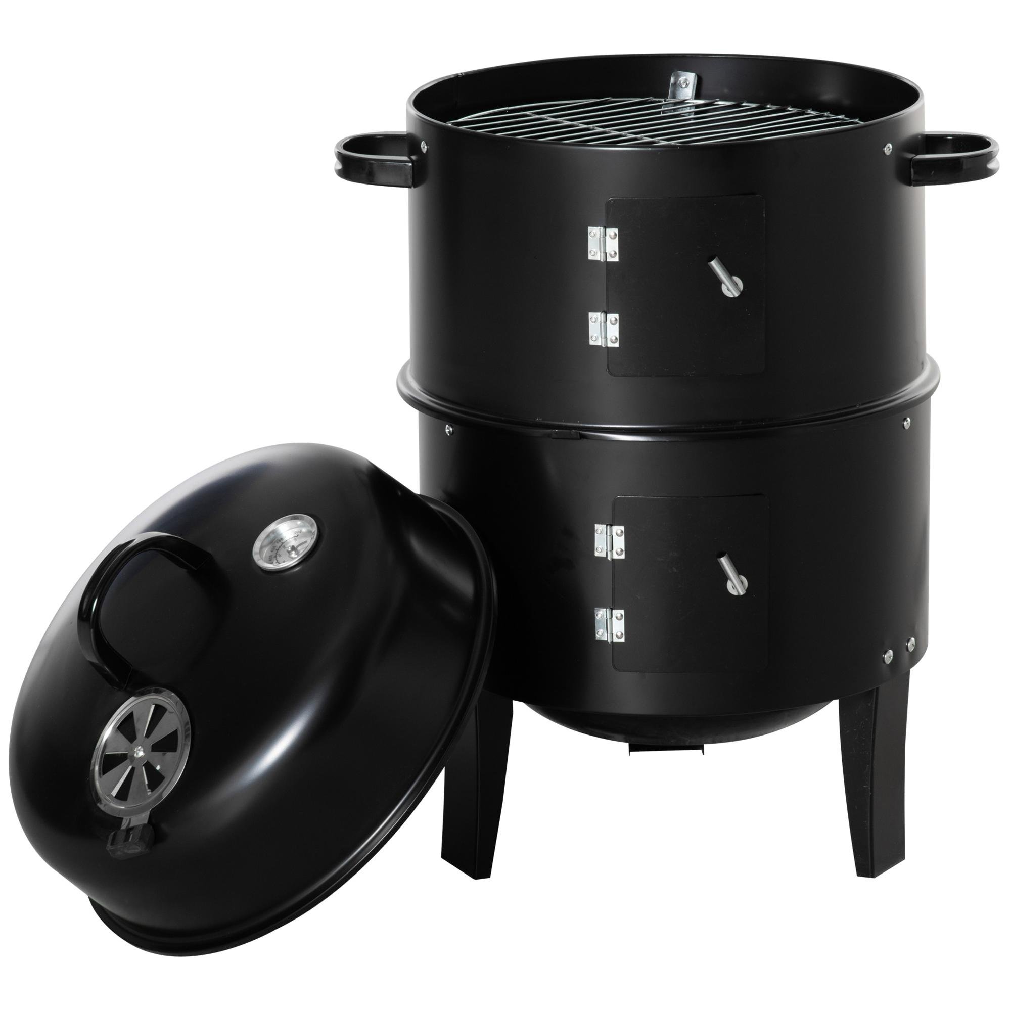 Black 3-in-1 Charcoal Smoker, Two-Tier Outdoor BBQ